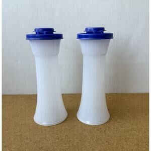 Tupperware Salt Pepper Shaker Set Plastic Tall Hourglass Tokyo Blue Sealing Lids
